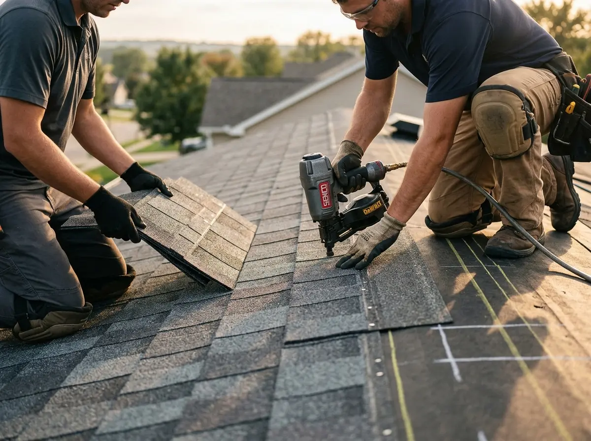 Professional roofer working on a residential roof in North Auburn